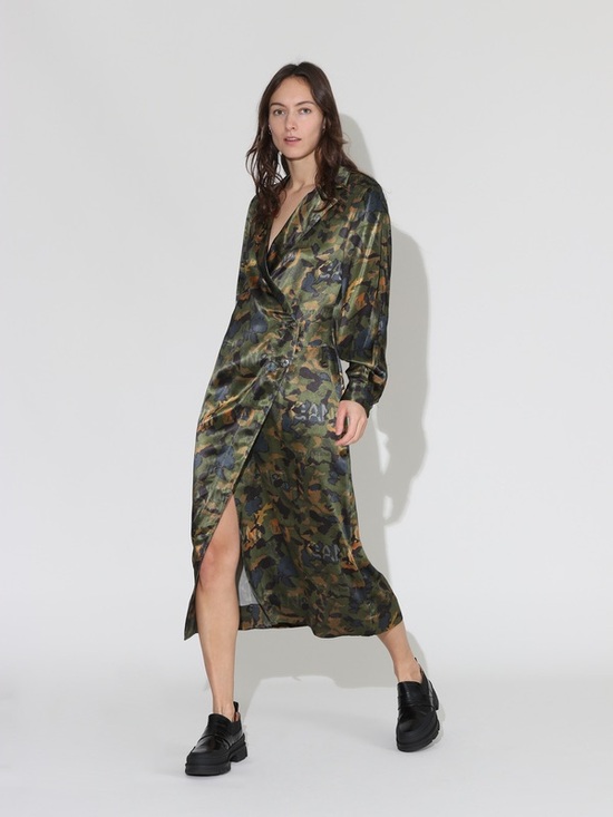 Ganni Dresses & Skirts - Ganni Satin Camo Wrap Midi Dress - Olive, Black, Brown